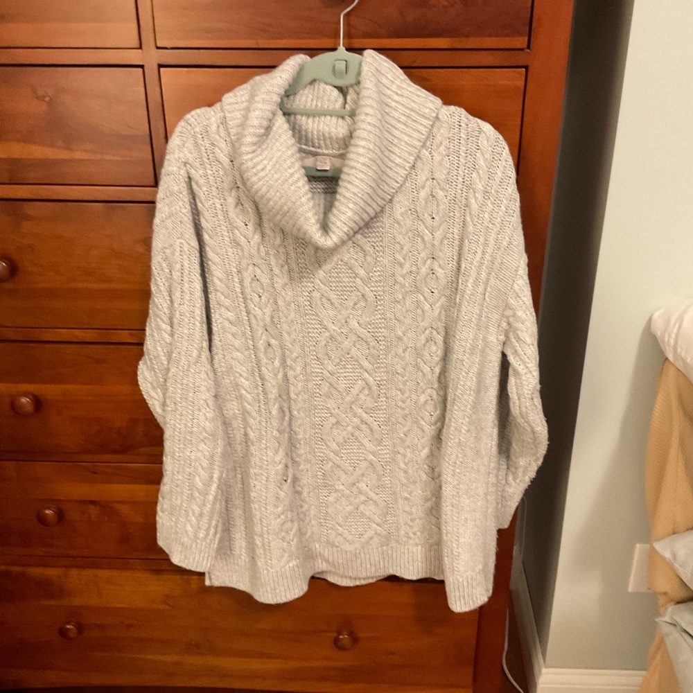 LOFT Light Gray Cable Knit Cowl Sweater